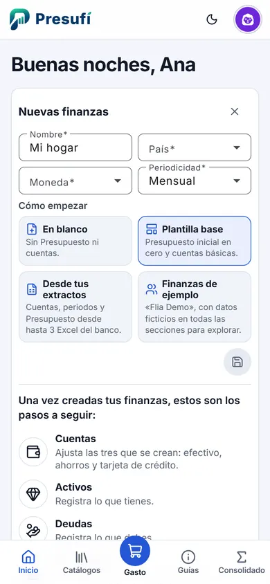Formulario «Nuevas finanzas» con nombre, país, moneda y periodicidad, y las formas de empezar: En blanco, Plantilla base, Desde tus extractos y Finanzas de ejemplo.