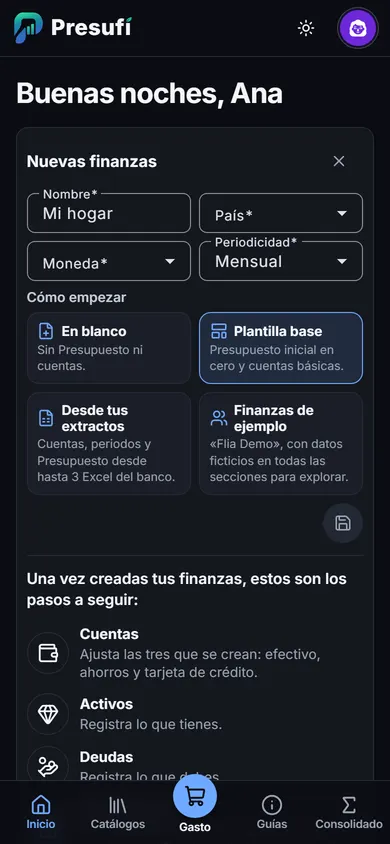 Formulario «Nuevas finanzas» con nombre, país, moneda y periodicidad, y las formas de empezar: En blanco, Plantilla base, Desde tus extractos y Finanzas de ejemplo.