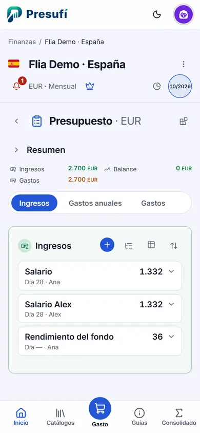 Presupuesto de unas Finanzas de ejemplo, con el resumen de ingresos y gastos, las pestañas Ingresos, Gastos anuales y Gastos, y la lista de ingresos.