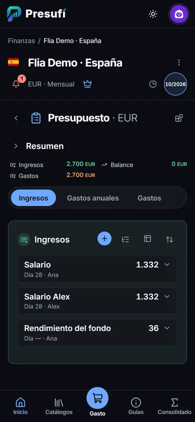 Presupuesto de unas Finanzas de ejemplo, con el resumen de ingresos y gastos, las pestañas Ingresos, Gastos anuales y Gastos, y la lista de ingresos.